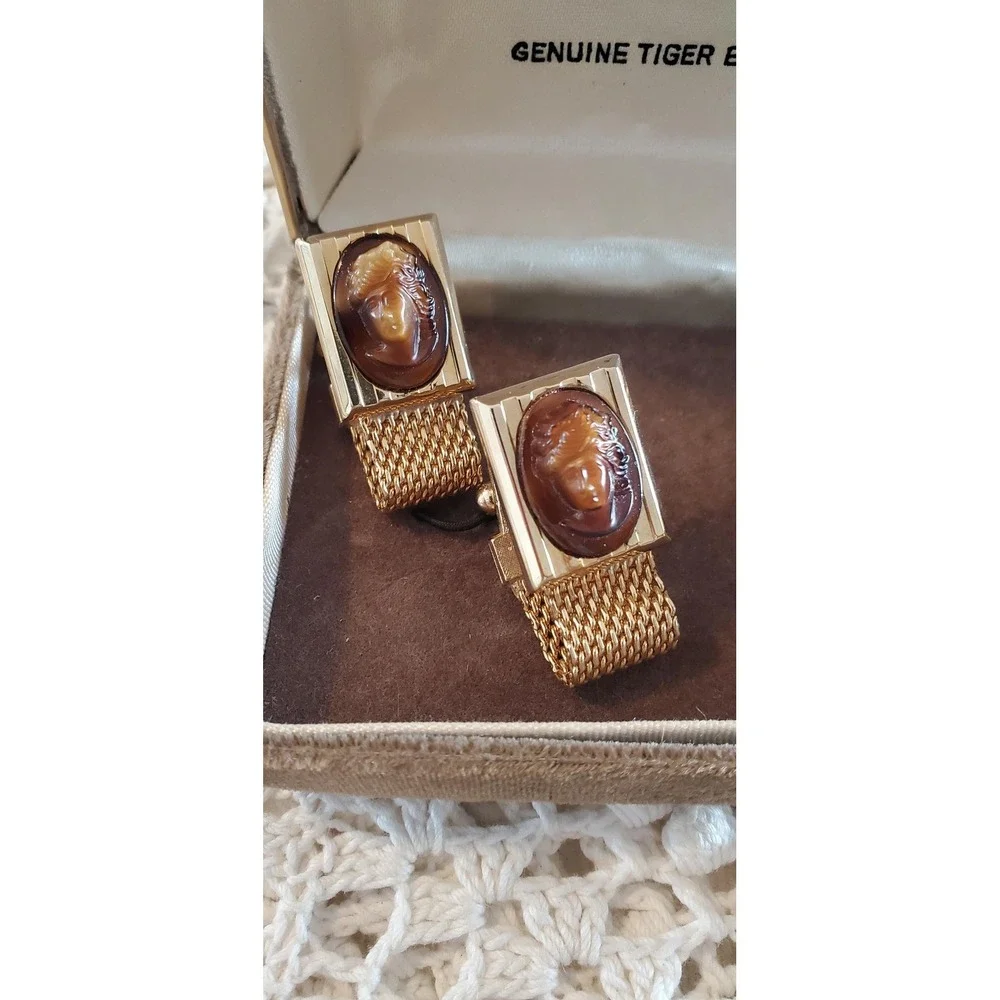 Vintage Dante‎ Genuine Tiger Eye Mens Cufflinks Set Mesh Wrap Gold Tone Boxed